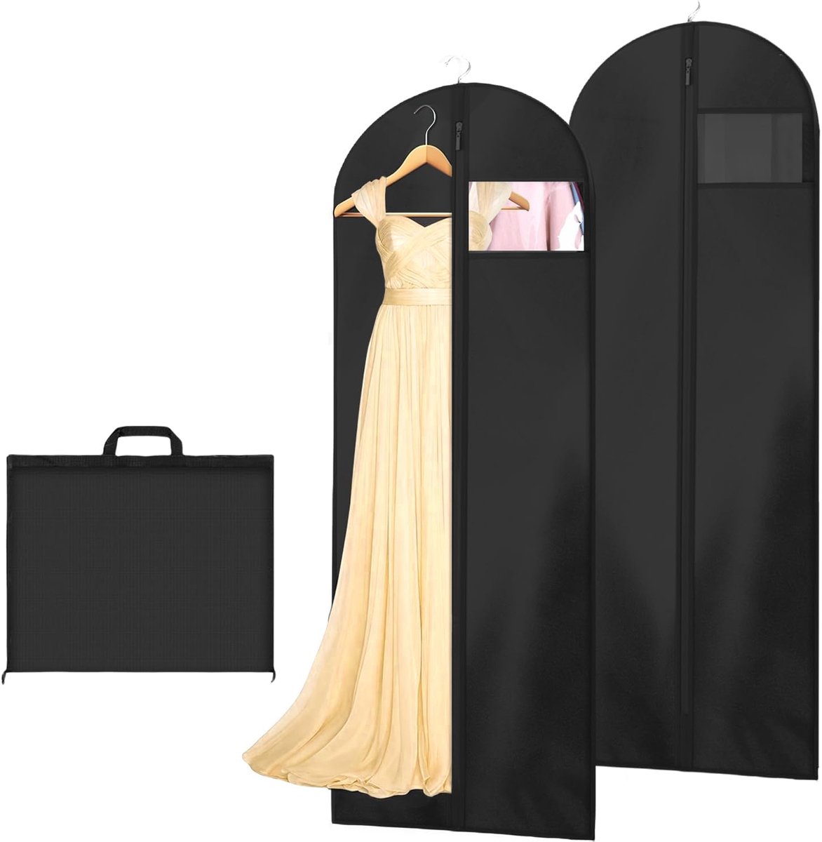 Lange kledinghoezen met Rits - 2 Stuks - 180 × 60 cm - Ademende Kledingtas - Opvouwbaar Bruidsjaponhoes - Kleding Hoes - Opberghoes - Voor trouwjurken en avondjurken - Zwart
