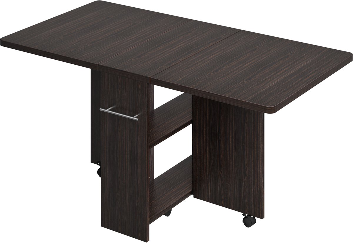 Opvouwbare Eettafel met Lade en Wielen – Ruimtebesparende Klaptafel met Opbergvakken – Mobiele Keukentafel – Drop-Leaf Bureau voor 4 Personen – Donker Walnoot – 120 x 60 x 75 cm