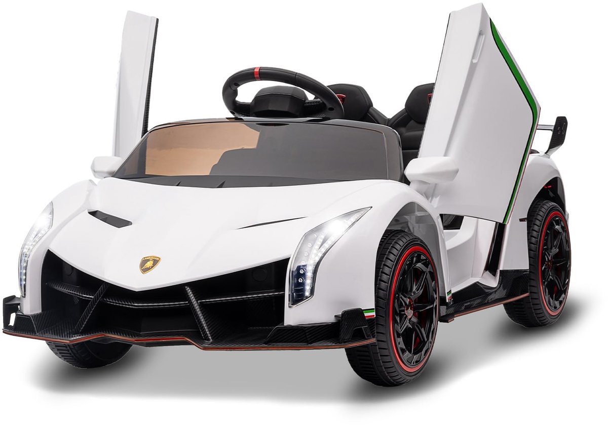 Danky Elektrische Kinderauto Lamborghini Officieel Gelicentieerde 12V - Witte Luxe Accuvoertuig met Afstandsbediening, Lederen Zitje, EVA-Banden & Bluetooth - Geschikt voor Kinderen van 3 tot 8 Jaar - Wit