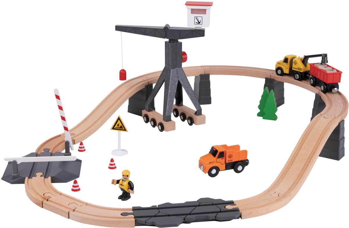Tooky Toy Houten Treinset met Bouwplatform - FSC Hout - Geschikt voor 3+ Jaar (Peuters) - Treinbaan - Trein Set - Educatief & Montessori Speelgoed