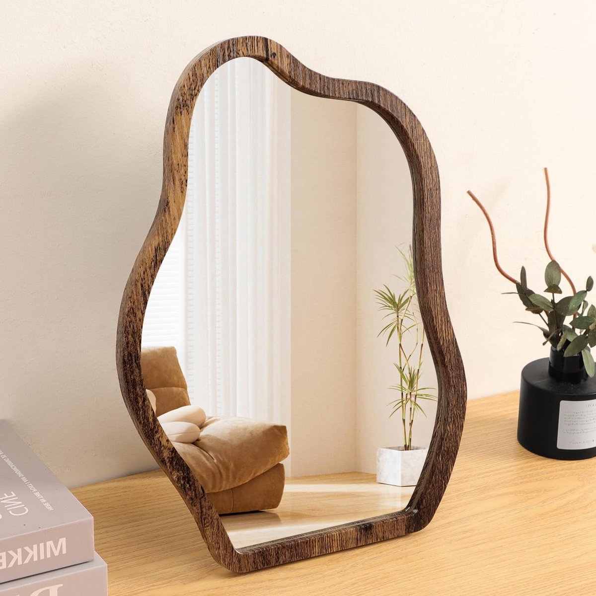 Tafelspiegel Hout - Make-up spiegel - Make-up aanbrengen - HD glas zonder vervorming - 35 x 25 cm - Tijger
