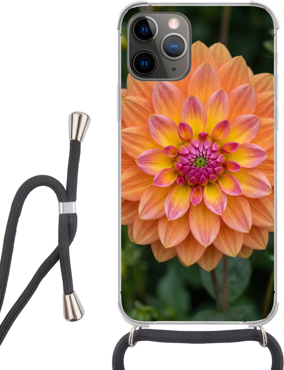 Telefoonhoesje Geschikt voor iPhone 11 Pro - Dahlia - Bloem - Oranje - Siliconen - Crossbody - Backcover met Koord - Telefoonhoesje met koord - Hoesje met touw Telefoonhoesje
