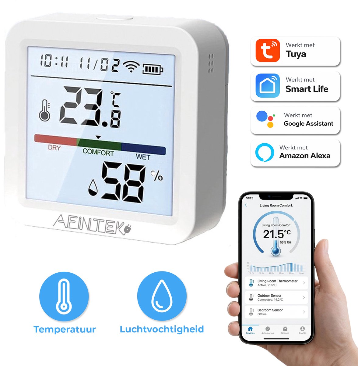AFINTEK Smart Life Thermometer & Hygrometer - WiFi - Achtergrondverlichting - Batterij Versie (TH03)