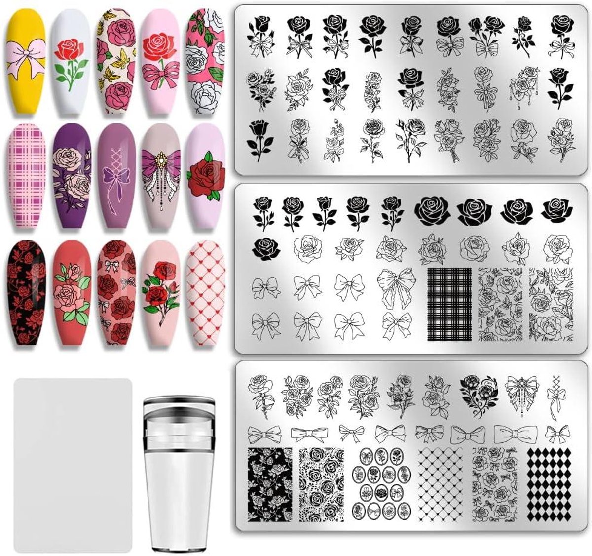 Nail Stempel Platen - Nagel Sjablonen - Nail Art Creëren - Rozen Boeket Thema - 12x6 cm - Zilver