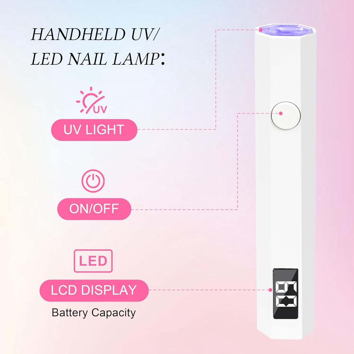 Mini Nagellamp met standaard - Mini UV nagel lamp - UV Lamp Gelnagels - met digitaal display - 2 timermodi - Oplaadbare draadloze nagellamp - LED Nagellamp - Handlamp voor nagel - Draagbare Nagellamp - Nageldroger - Manicure - Draaibaar - 3W - Wit — cadeau in Verzorging - foto 7