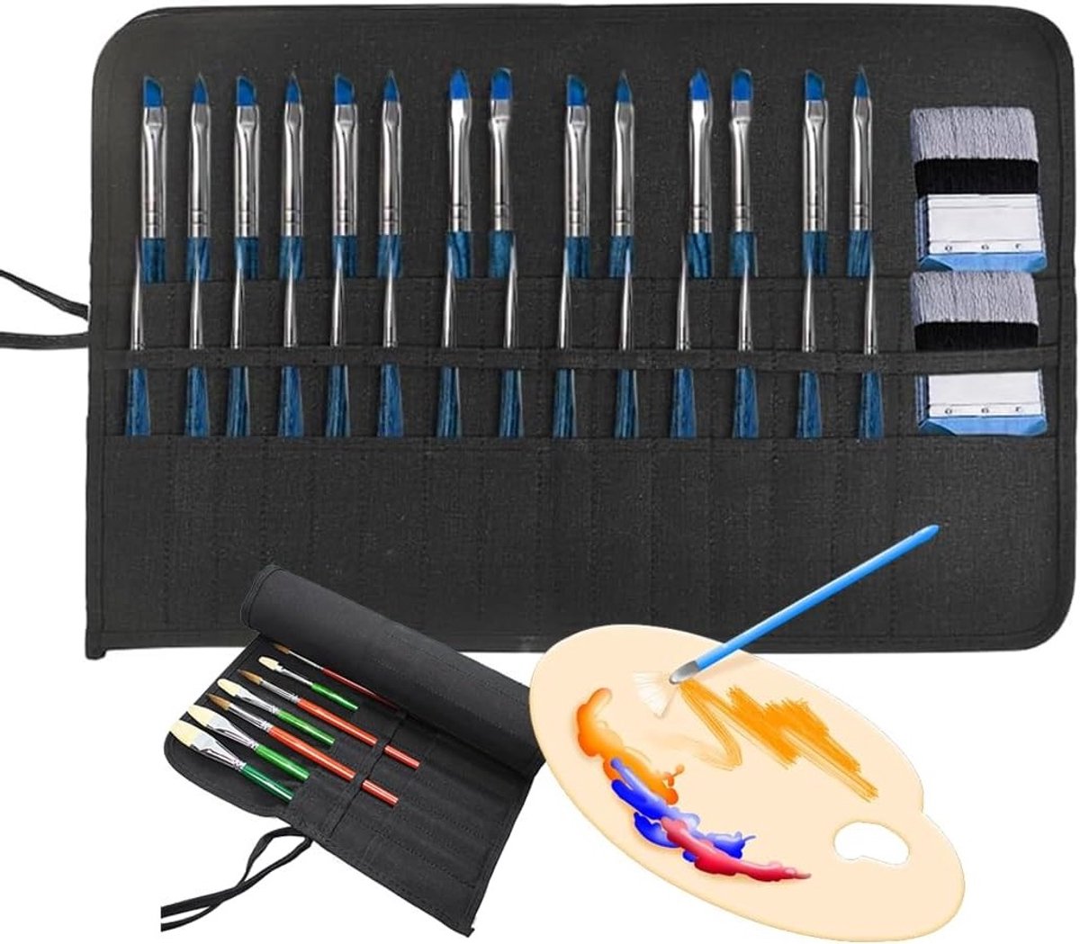 Artistieke Rolltas met 30 Compartimenten voor Penselen en Make-upkwasten - Zwart 49 x 33 cm, Ideaal voor Kunstenaars en Make-up Artists