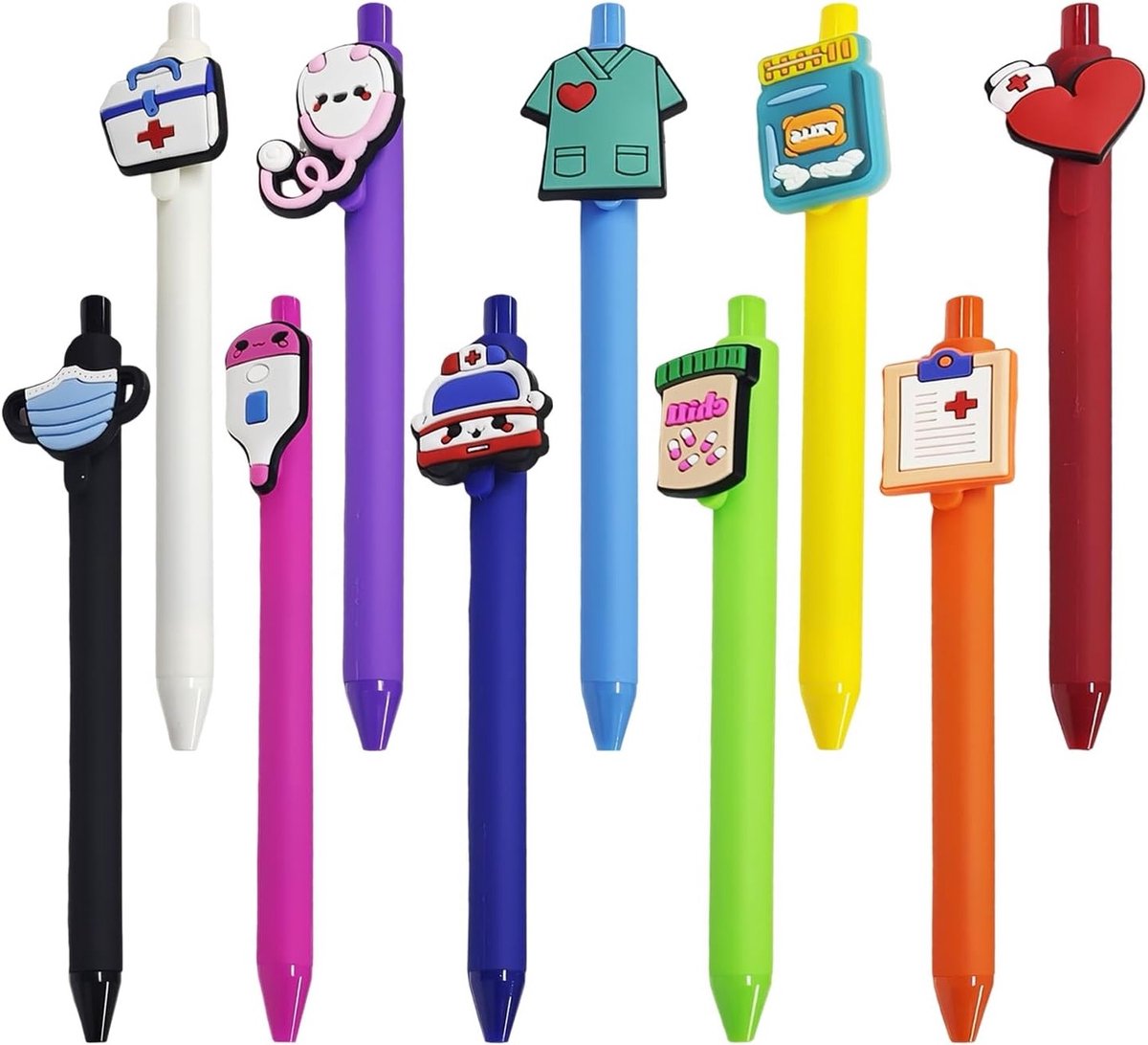 Set van 10 creatieve pennen voor verpleegkundigen, gelpennen, balpennen, schattige cartoonontwerpen, kantoorbenodigdheden en schrijfgerei