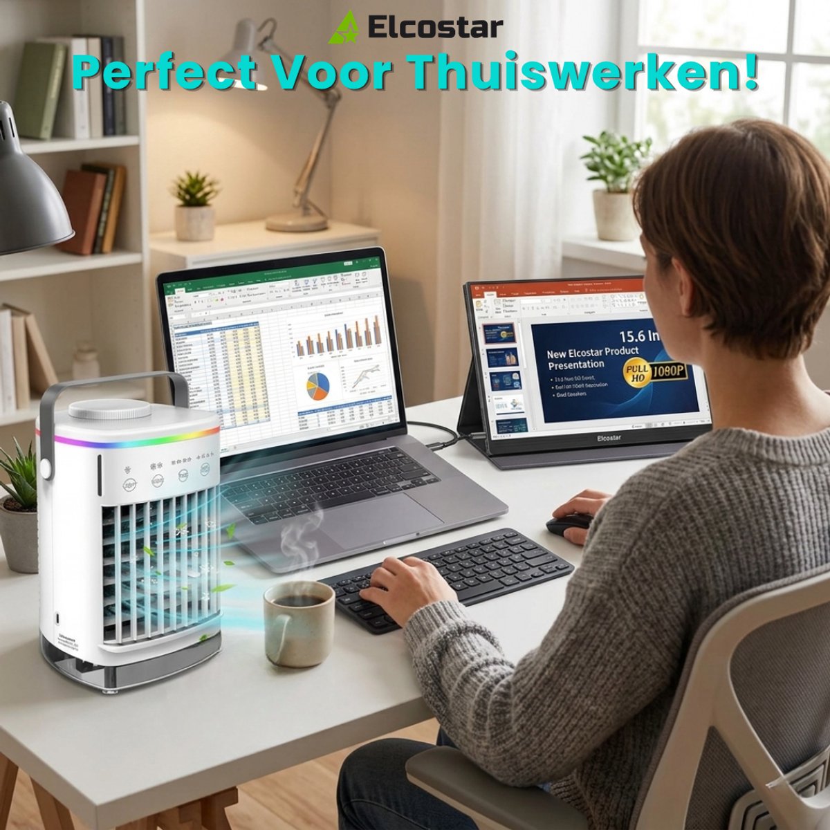 Elcostar® Premium Portable Airco - Mini Airco - 2026 Model - Mobiele Airco - Luchtkoeler 4-in-1 - 4 windsnelheden, 2 luchtbevochtingsstanden & Timer - Aircooler - Draagbare Airco - Lekvrij - Airco - Wit thumbnail 4