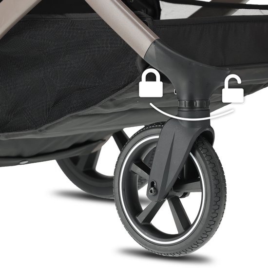 Voorwiel van een bruine kinderwagen met een vergrendelingsmechanisme.