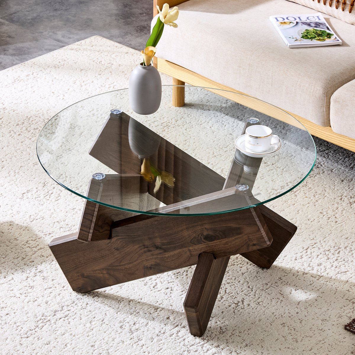 MIVRAY Salontafel - Ronde Tafel Met Glazen Blad En Kruisvoet - Voor Woonkamer En Leeshoek - MDF En Glas - 79x45 Cm Notenhout