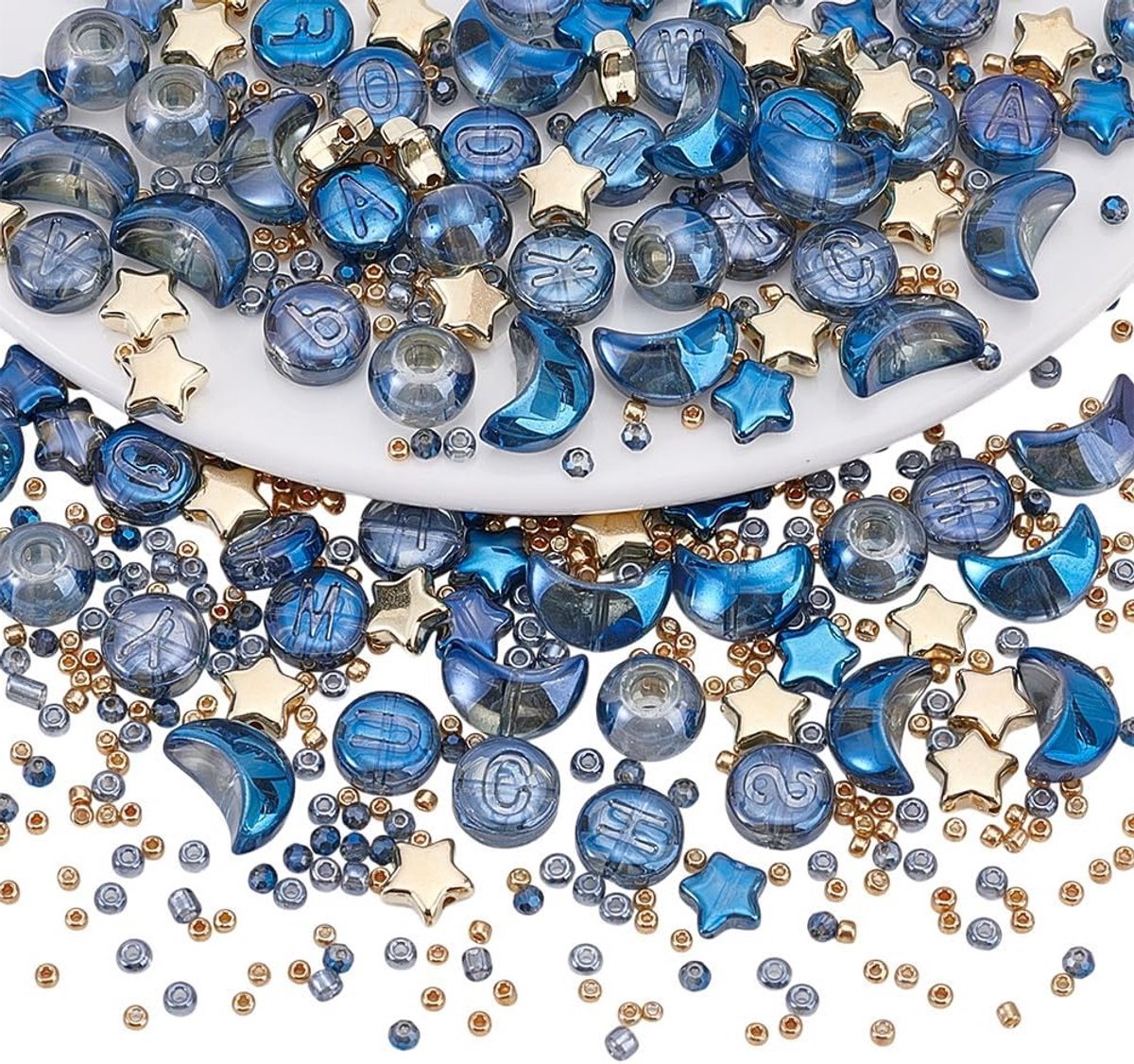 505 Stuks Sterren en Maan Spacer Kralen van Glas voor Armband en Ketting Maken, Donkerblauwe Serie, Aesthetische Kralen voor Creatieve Projecten