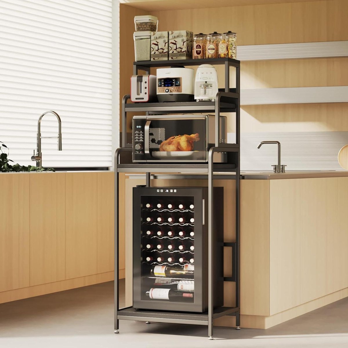 Mini Koelkastmeubel - Opslagkast Rek - Keuken Organiseren - Vier Laags Opslag - 64 cm Hoog - Zwart Houtnerf