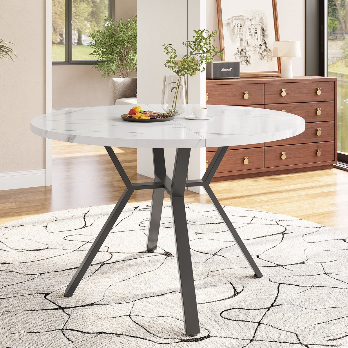 MIVRAY Eettafel - Marmerlook Tafel Met X Onderstel - Voor Eetkamer En Woonkamer - MDF En S