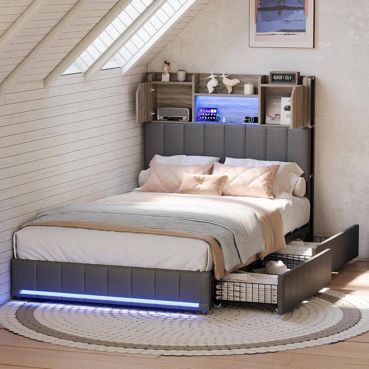 Eenpersoonsbed met Opbergruimte - Led Bed - Slaapkamer Inrichten - Geïntegreerde USB C Poort - 90x200 cm - Grijs