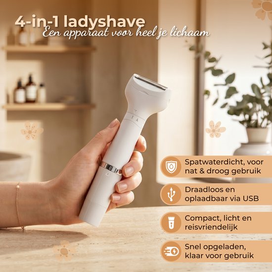 Nuvance Ladyshave - 4 Opzetstukken - Epileerapparaat Dames - Ladyshaves voor Vrouwen - Draadloze Wenkbrauw Trimmer - Waterdicht