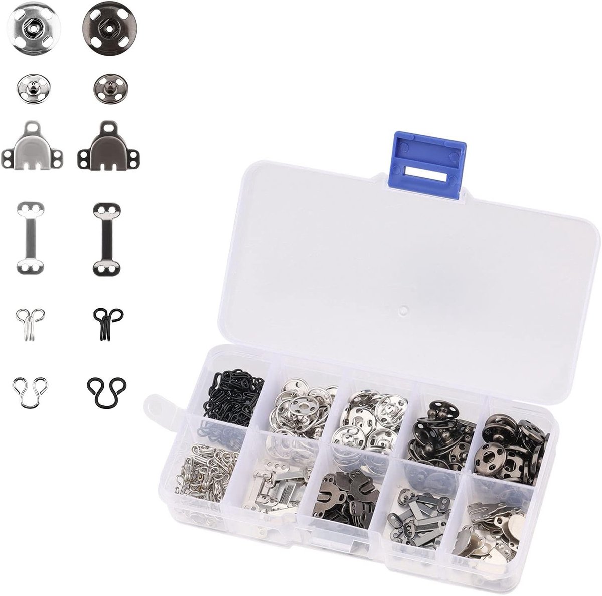 200 Stuks Naaihaakjes en Drukknoopjes - Haak en Oog Sluitingen voor Rok, BH en Broek - Naaiaccessoires Set (Zwart, Zilver)
