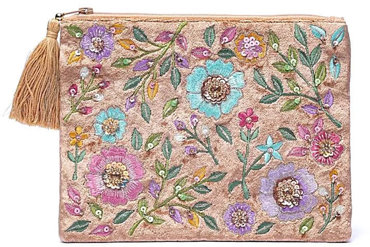 Fluwelen Etui Met Ritssluiting Beige Met Bloemen - 20x15 Cm - 20x15 cm