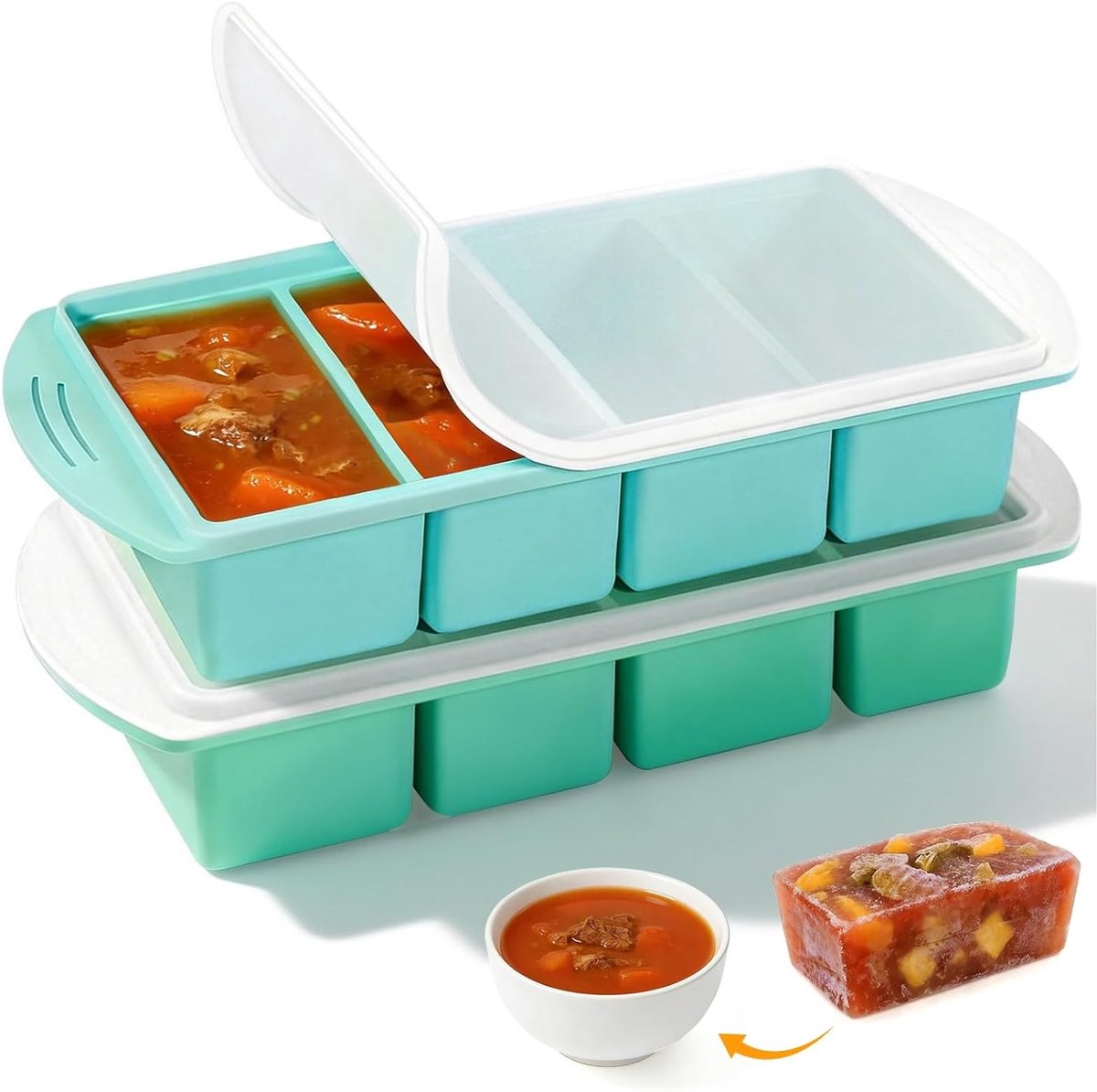 Set van 2 Siliconen Vriezer Mallen met Deksel, Grote Soep Vriezer Containers voor 125ml/250ml, Ideaal voor Bouillon en IJsblokjes Opslag