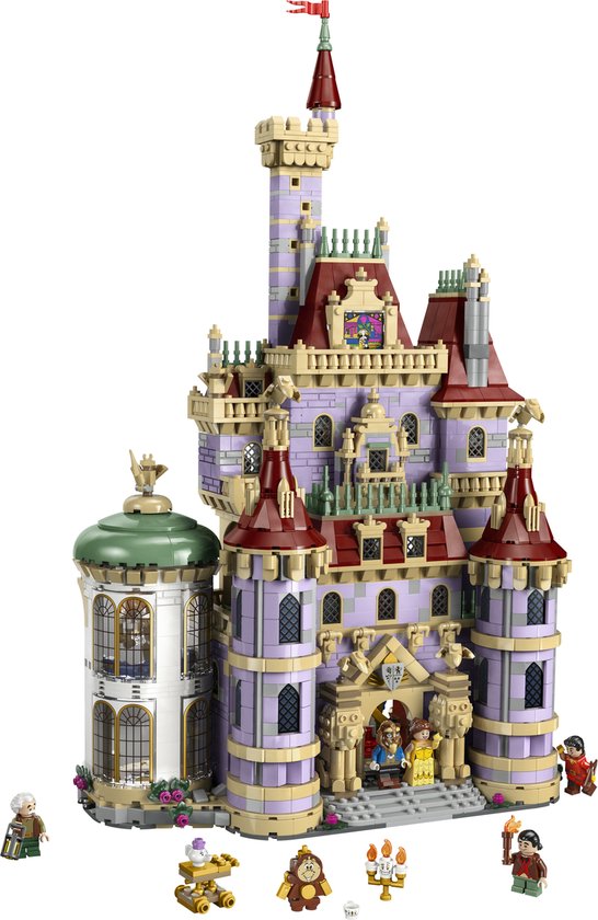 LEGO Disney Belle en het Beest Kasteel 43263, paars kasteel met torens, Belle en het Beest minipoppen.