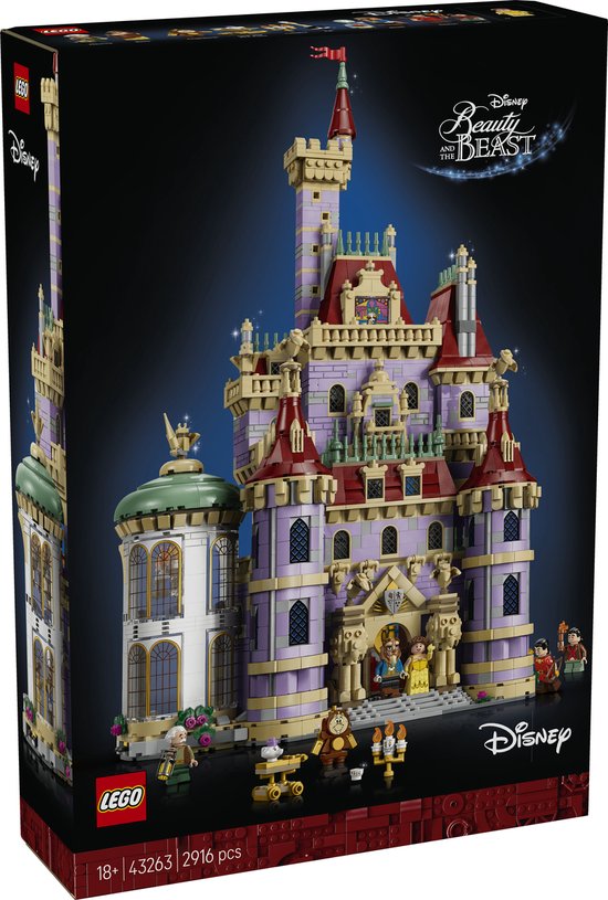 LEGO Disney Belle en het Beest Kasteel 43263 bouwpakket. Paars kasteel met torens, Belle en het Beest minipoppen en details zoals een klok.