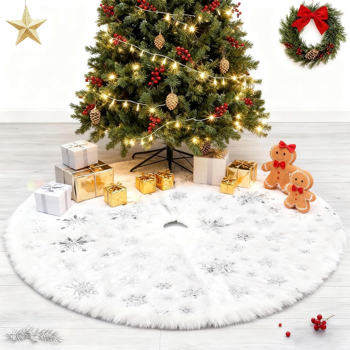 Witte Kerstboomrok - 90 cm - Pluche - Rond - Sneeuwvlok - Zilver - Kerstdecoratie