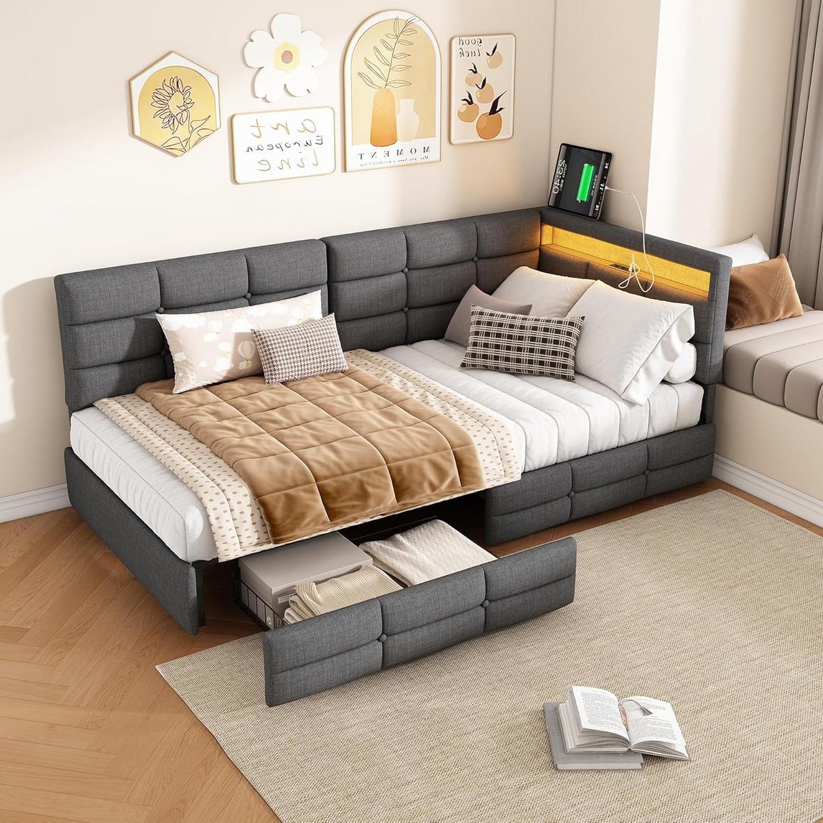 Bedbank met Lades - Slaapbank Bankbed - Ruimte Besparen - Ingebouwde USB-C Poort - 90 x 200 cm - Grijs