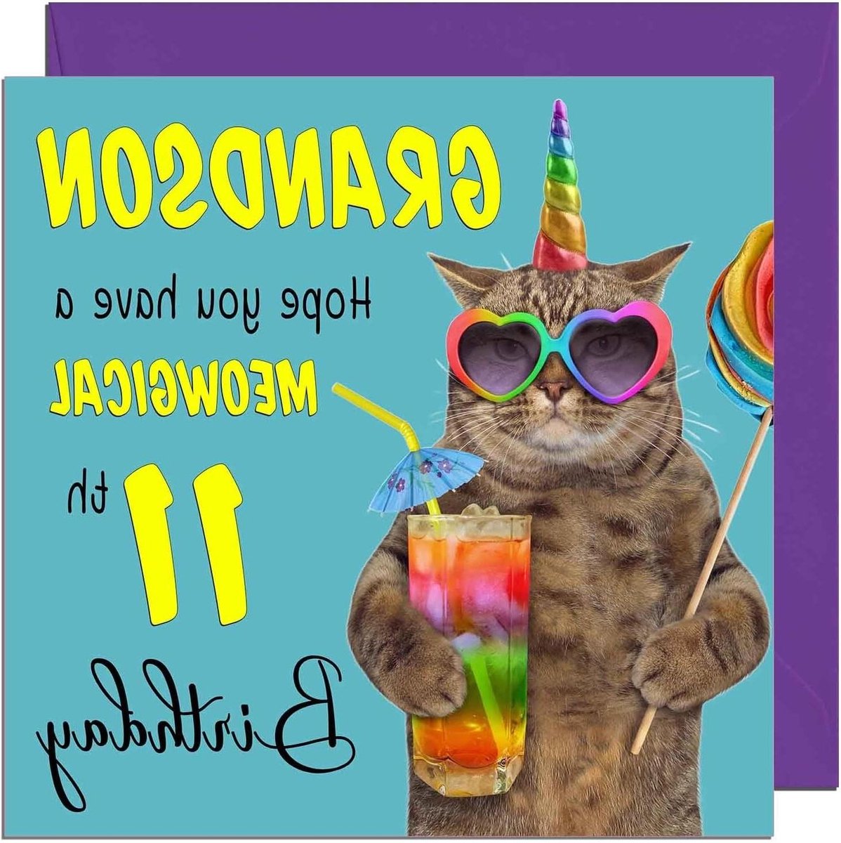 Verjaardagskaart Kleinzoon - Grappige Wenskaart - 11e Verjaardag Vieren - 350gsm Dik Karton - 145 x 145mm - Meerkleurig