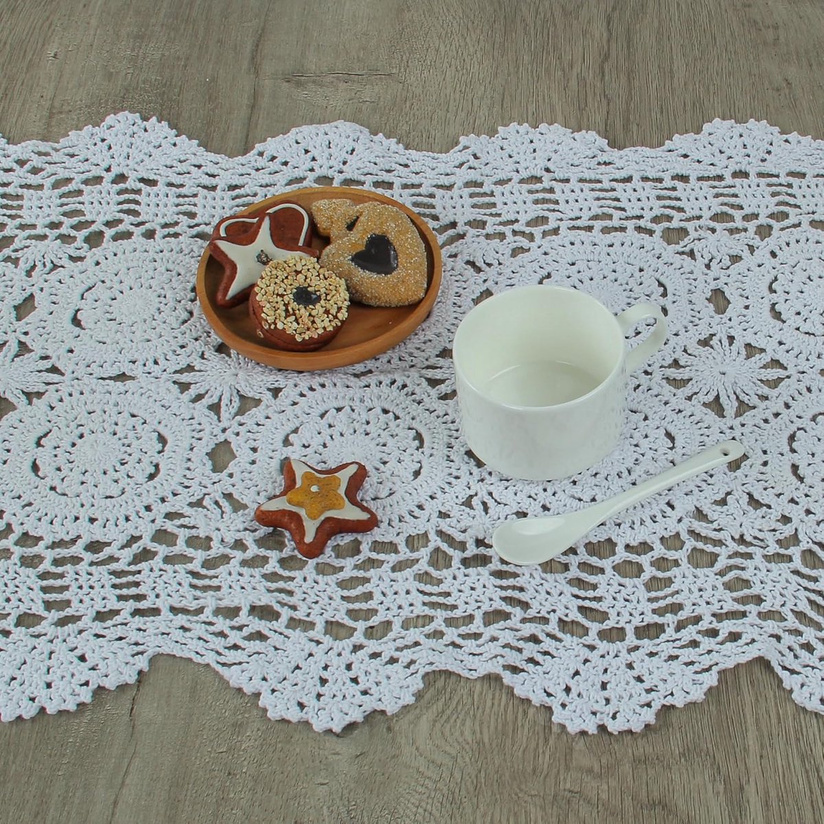 Gehaakte Tafelloper - Kant Runner - Eettafel Decoratie - Handgemaakt Katoen - 38 x 90 cm - Wit