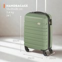 Groene handbagage koffer, 55x35x20cm, 2.4 kg, 34 liter. Met afmetingen 55cm, 35cm en 20cm.