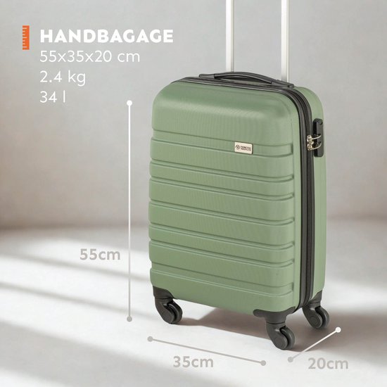 Groene handbagage koffer, 55x35x20cm, 2.4 kg, 34 liter. Met afmetingen 55cm, 35cm en 20cm.