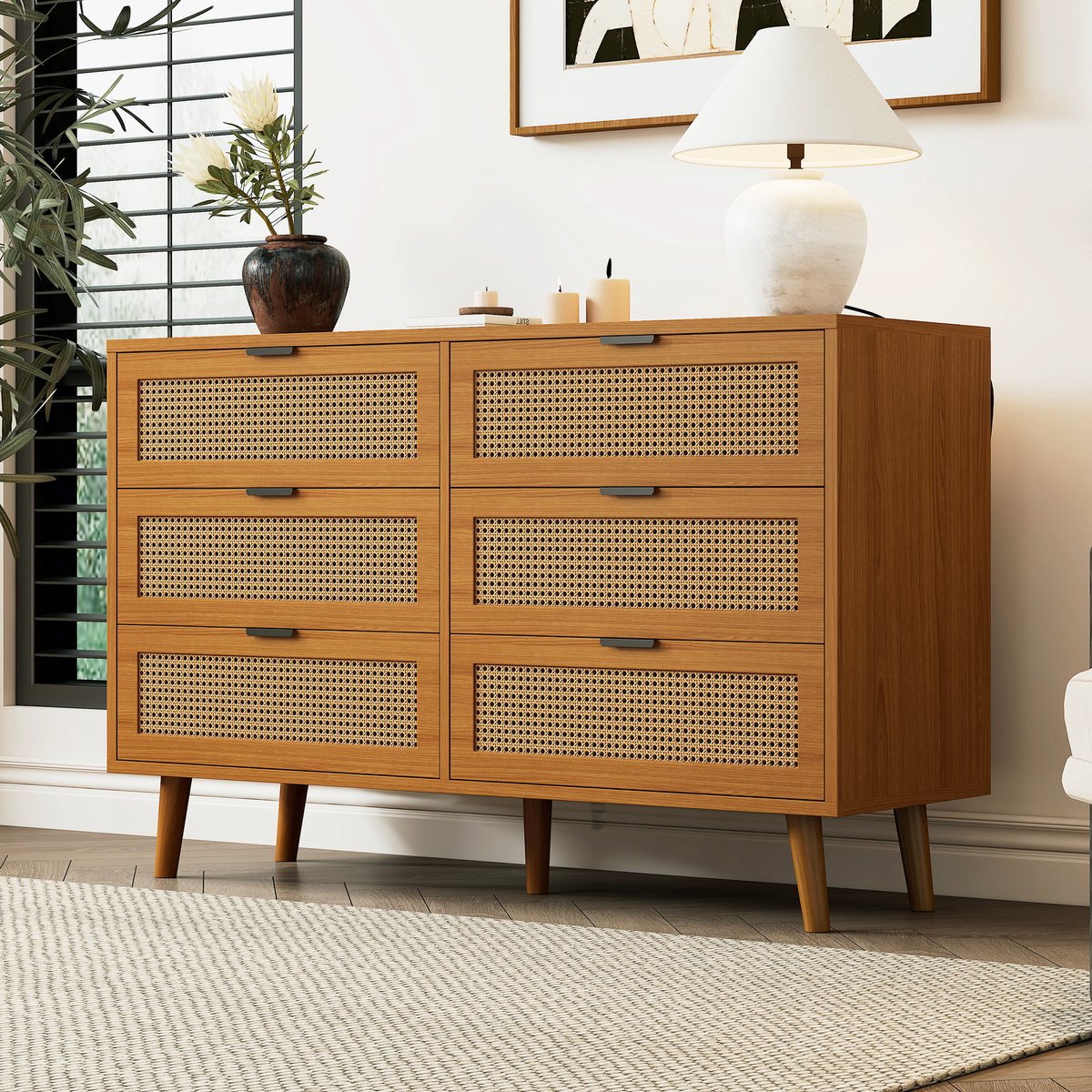 MIVRAY Ladekast - Retro Design Met 6 Laden - Voor Slaapkamer En Woonkamer - Spaanplaat En Hout - 120x40x76,5 Cm - Walnoot Bruin