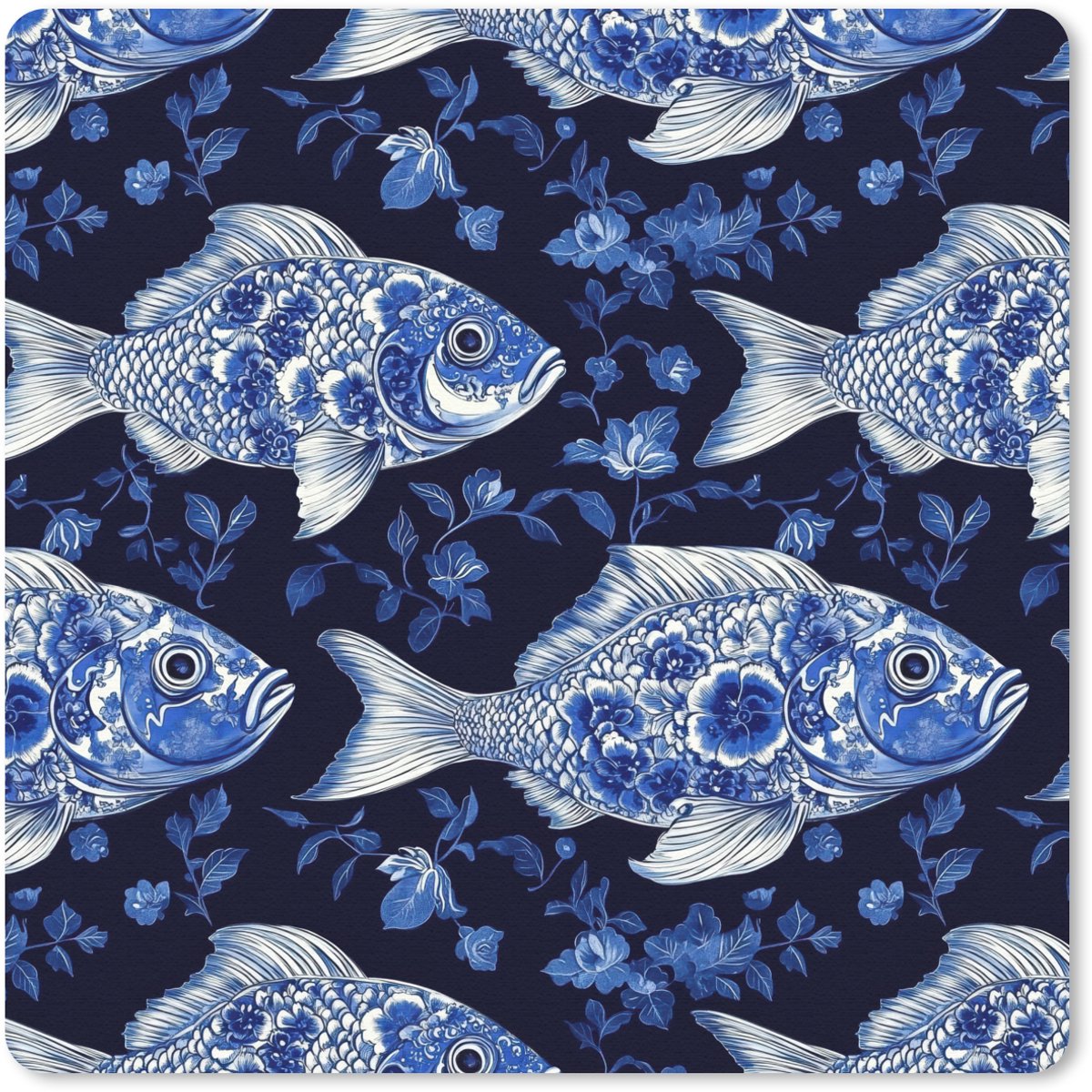 Muismat 20x20 cm - Mousepad Vissen - Bloemen - Blauw - Muismatten