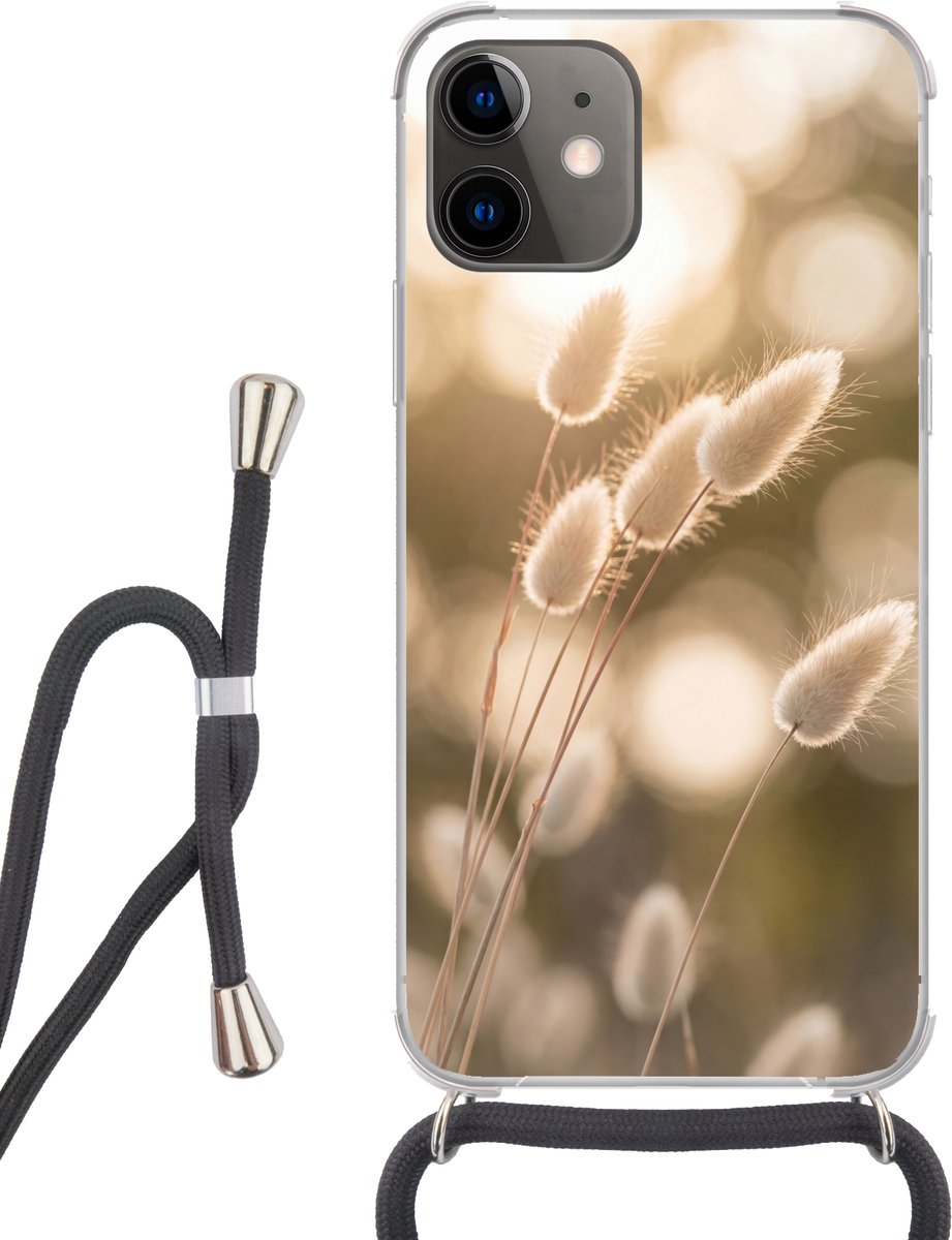Telefoonhoesje Geschikt voor iPhone 12 Mini - Hazestaartgras - Wit - Zonlicht - Siliconen - Crossbody - Backcover met Koord - Telefoonhoesje met koord - Hoesje met touw Telefoonhoesje