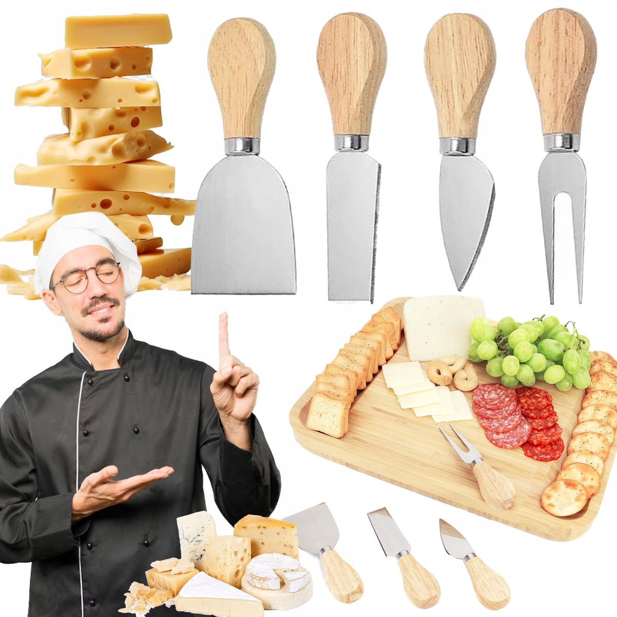 Merkloos - Kaasmes Set - Roestvrij Staal en Bamboe Handvat - Set van 4 - Ergonomisch