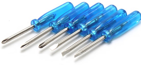 Zijaanzicht van precisieschroevendraaiers met doorzichtige blauwe handgrepen.