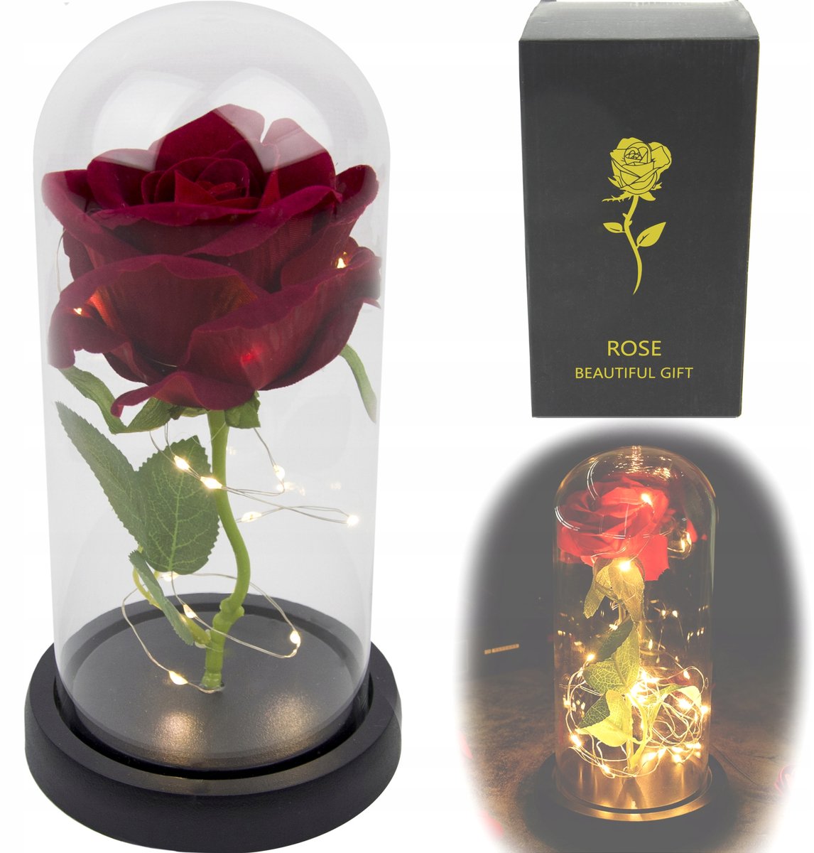 Rose - Sierroos in Glazen Koepel - LED Verlichting - Decoratieve Bloem - Geschenkidee