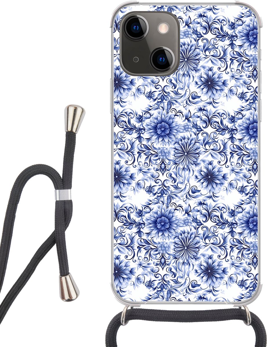 Telefoonhoesje Geschikt voor iPhone 13 - Bloemen - Blauw - Patroon - Wit - Siliconen - Crossbody - Backcover met Koord - Telefoonhoesje met koord - Hoesje met touw Telefoonhoesje