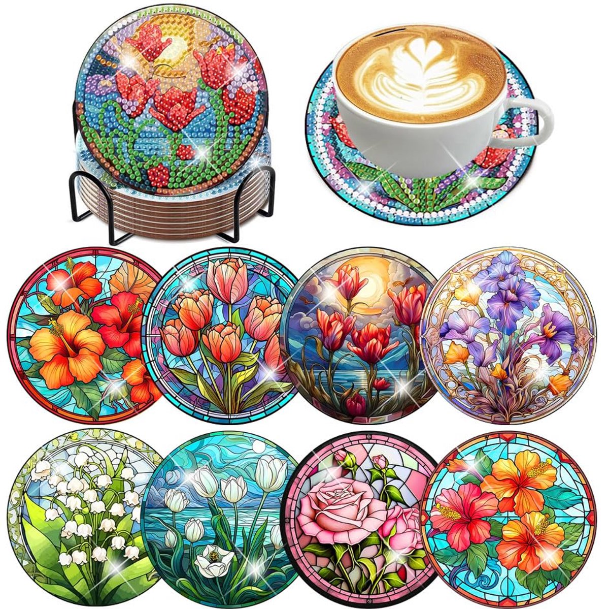 YYchan Onderzetters met houder-Diamond Painting-Set van 8 - Kurk-Artistieke Bloemen- Hittebestendig voor Buiten & Binnen - Cadeau Tip
