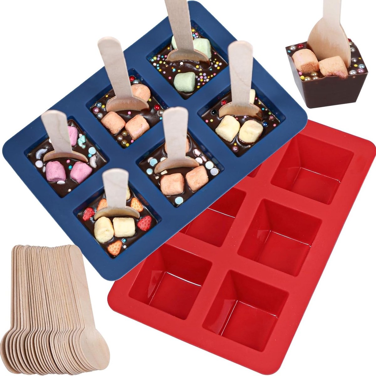 Siliconen mal voor het maken van drinkchocolade met 30 houten lepels voor vierkante chocoladecreaties