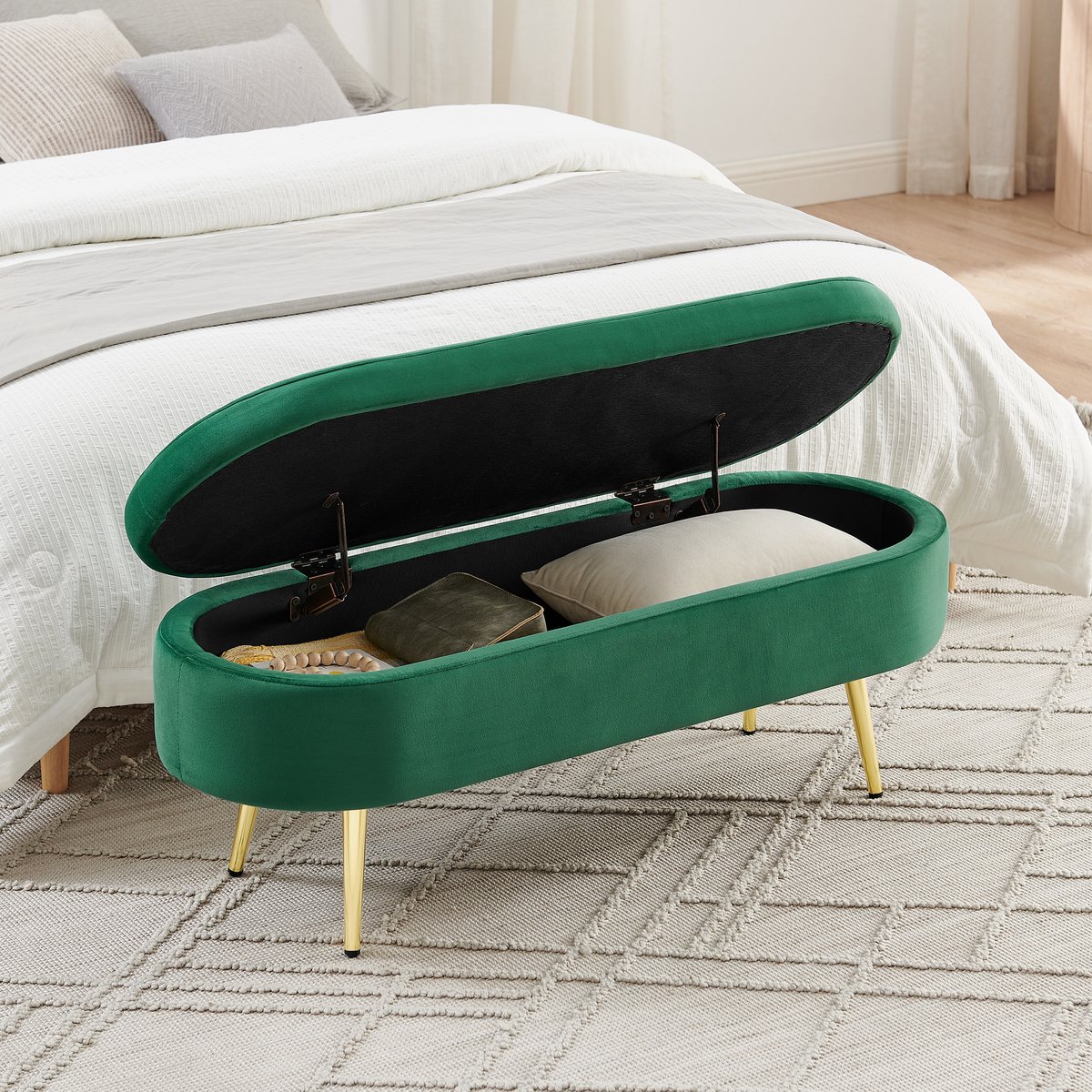 PHOEBE CAT Bedbank - Opbergruimte - Velvet - Metalen poten - 110 x 40 x 42 cm - Groen
