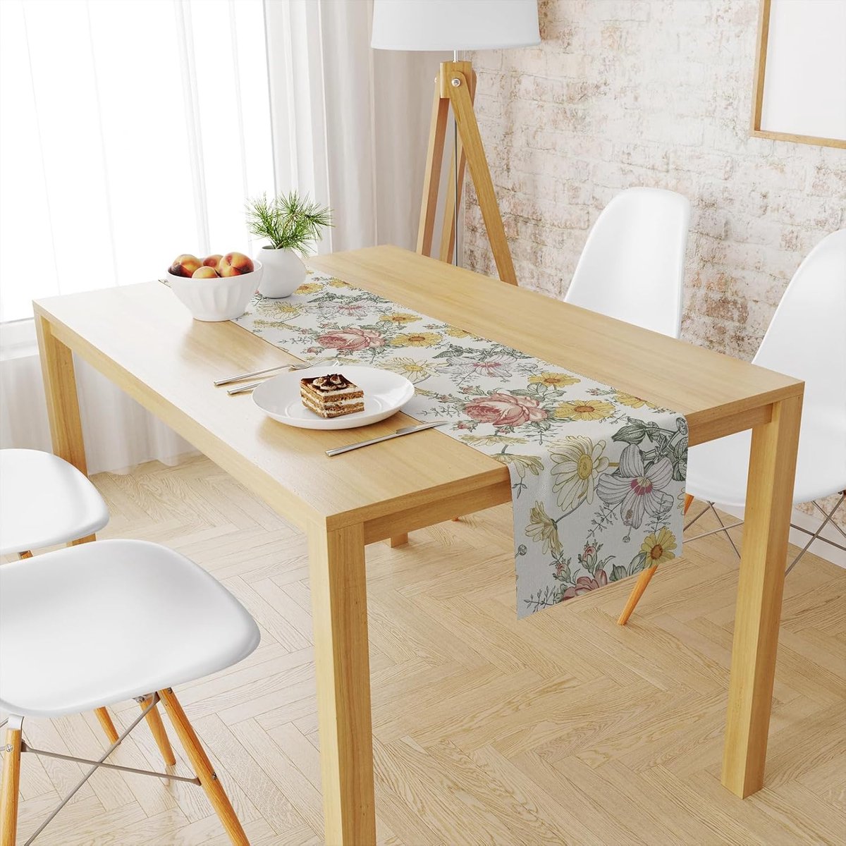 Tafelloper Bloemen - Tafelkleed Loper - Eettafel Decoratie - Wit Linnen Stof - 33 x 274 cm - Wit