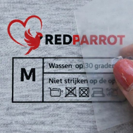 Grijs T-shirt met rode 'RedParrot' logo en maat 'M'. Wasinstructies: Wassen op 30 graden, niet strijken.