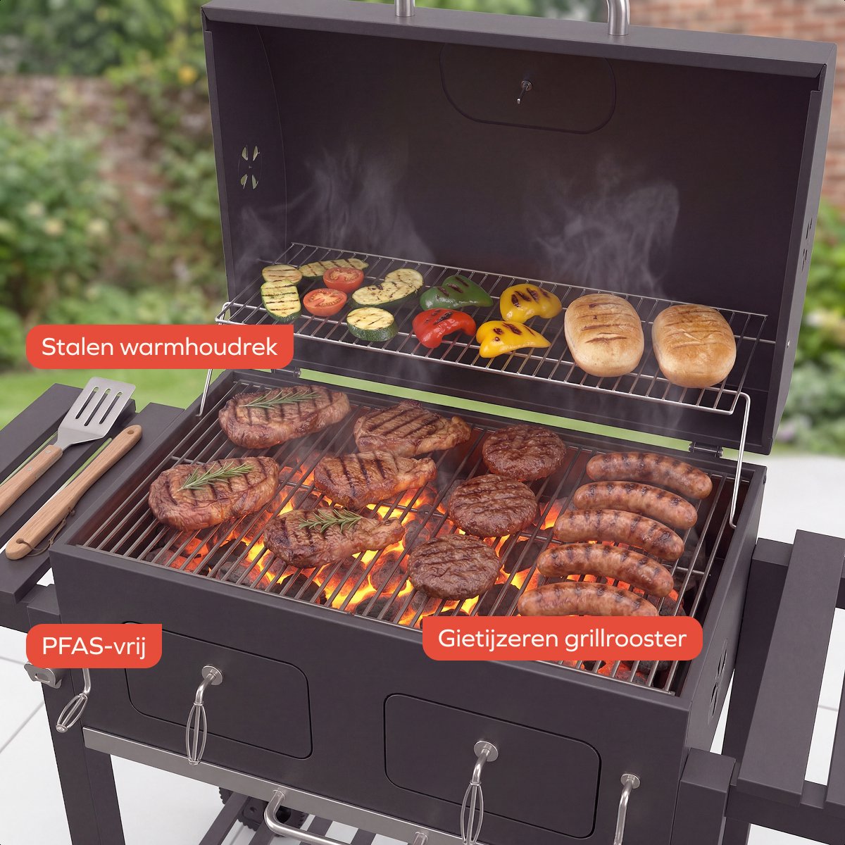 KitchenBrothers Houtskool BBQ XL - Dual Zone Smoker Barbecue - Met Verstelbare Kolenroosters & Inklapbare Zijtafels - PFAS-vrij - 42,3x75,8cm Grilloppervlak - Zwart thumbnail 4