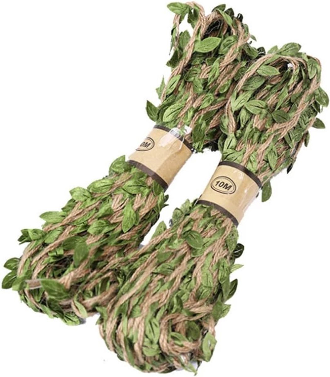 Natuurlijke Jute Touw - 2 Rollen Groene Bladeren Jute Touw String - Kunstmatige Klimop voor DIY Ambachten - Bruiloft Decoratie - Tuin Decoratie - Cadeaus - 20M