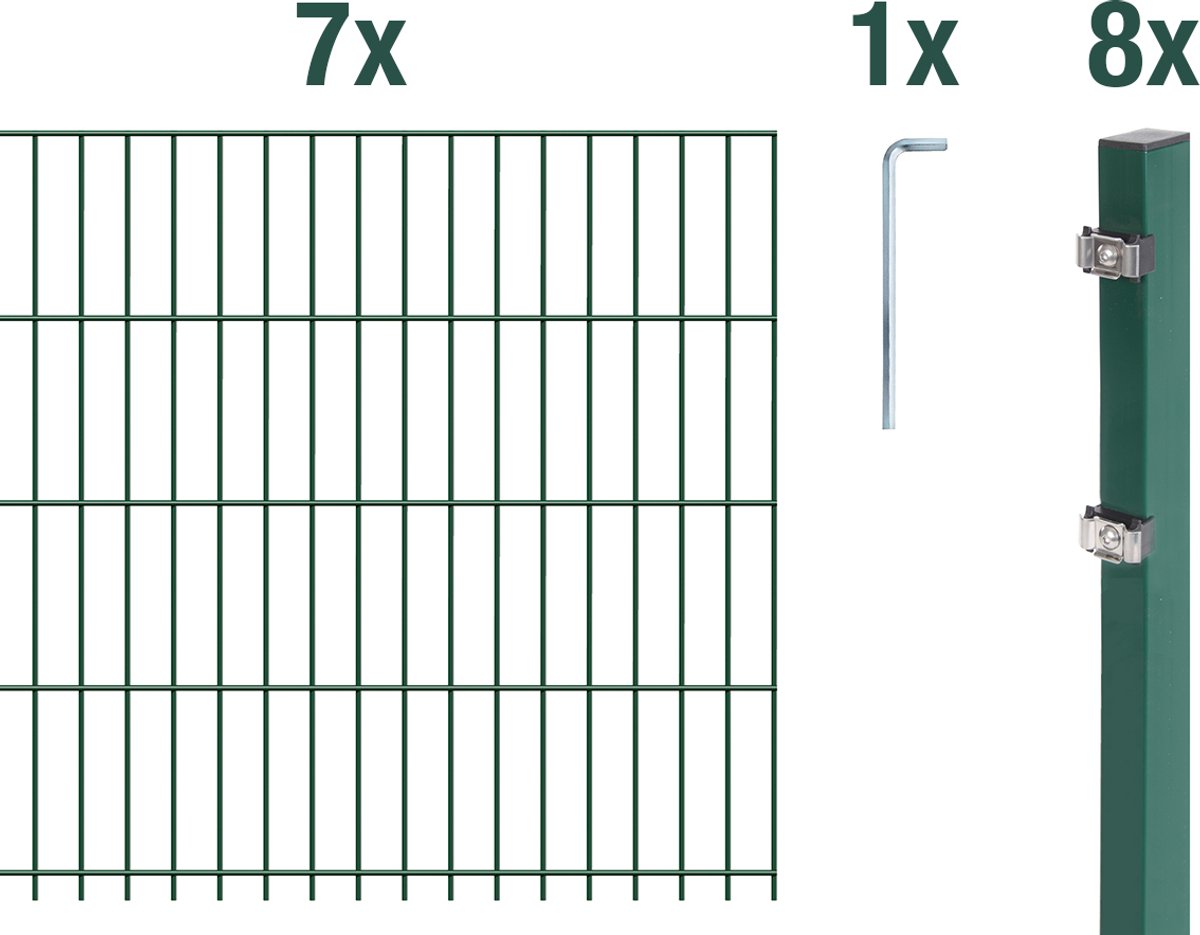 Alberts 671785 dubbelstaafmat hekwerk als 16-delige complete hekwerkset, kunststofgecoat, groen, hoogte 143 cm, lengte 17,5 m
