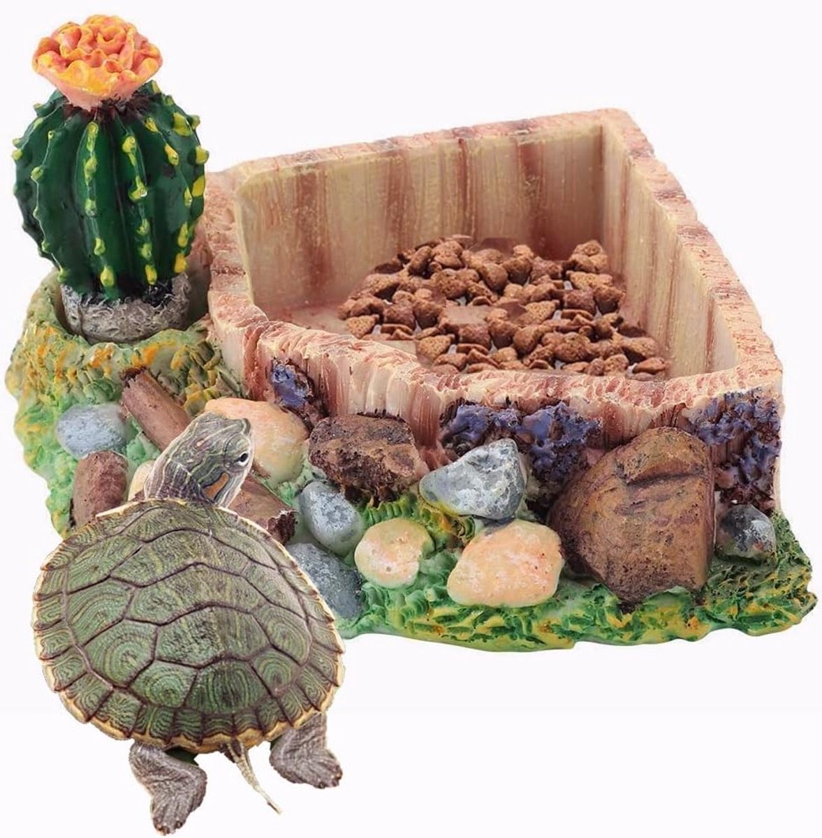 Hoekige Waterbak voor Reptielen van Hars - Voederbak voor Schildpadden en Hagedissen, Terrarium Decoratie met Cactus en Zwembad Effect