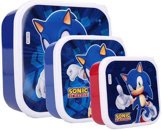 Ensemble de 3 boîtes à lunch bleues et rouges avec l'effigie de Sonic the Hedgehog.