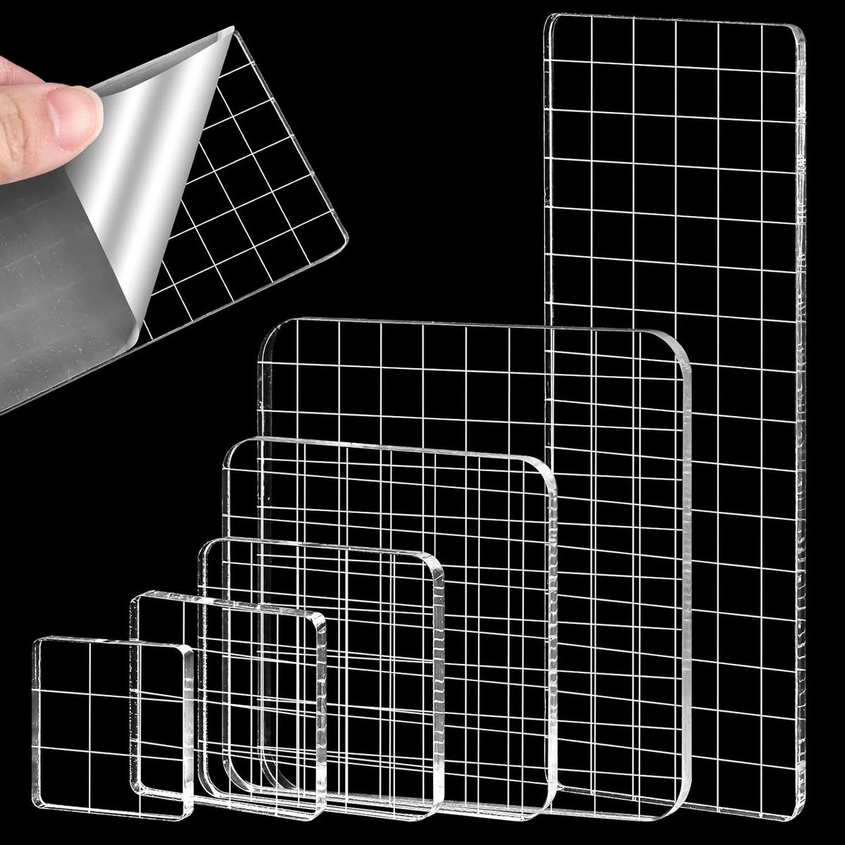 Set van 6 Acrylaat Blokken - Diverse Maten voor Scrapbooking, Fotoalbums en Stempelen met Ruitjeslijn (5mm Dikte)