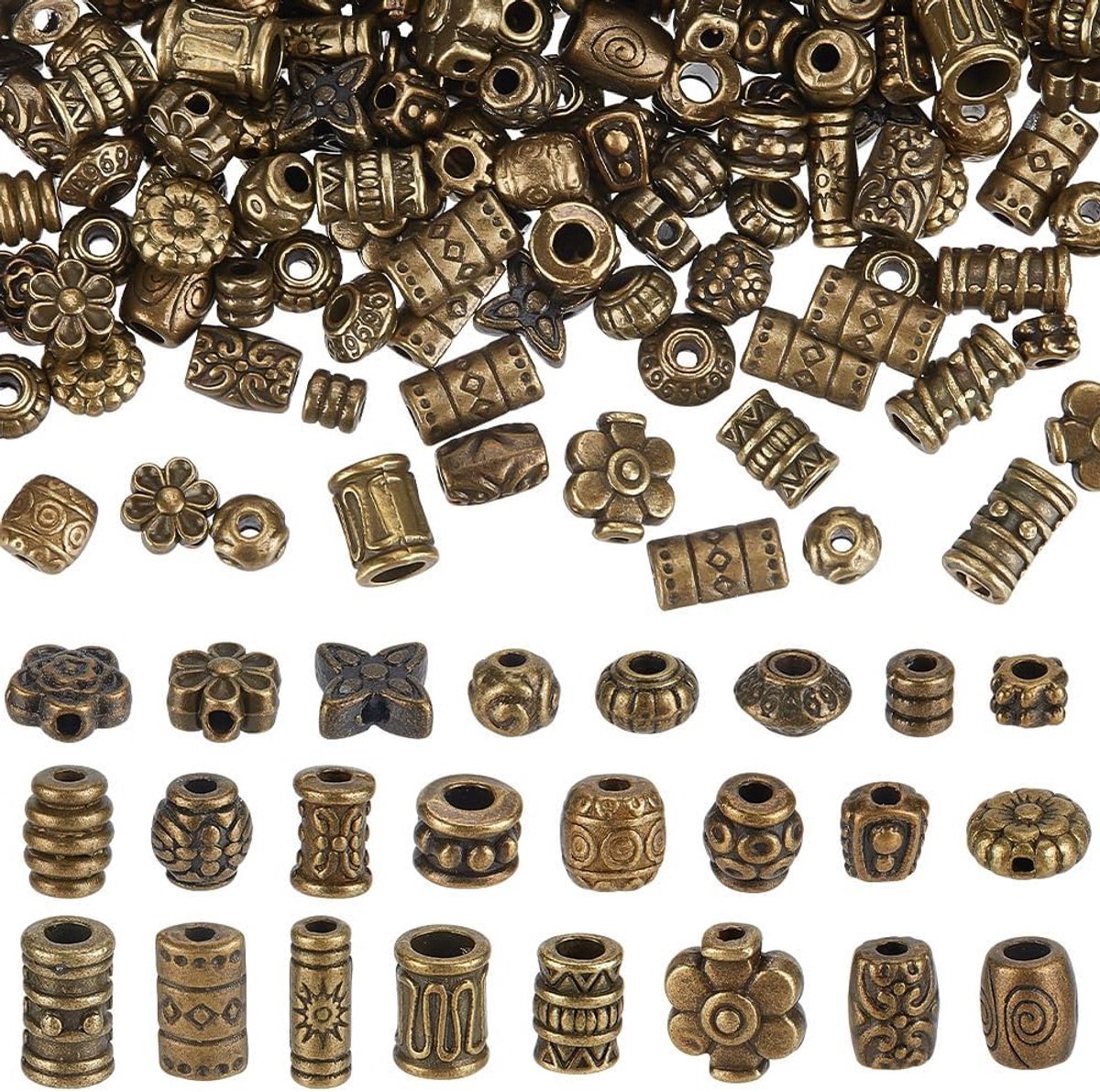 360 Stuks 24 Stijlen Tibetaanse Legering Spacer Kralen, Antiek Bronzen Kralen voor Sieraden, Grote Gat Kralen voor Creatief Handwerk, Gat: 1-3mm