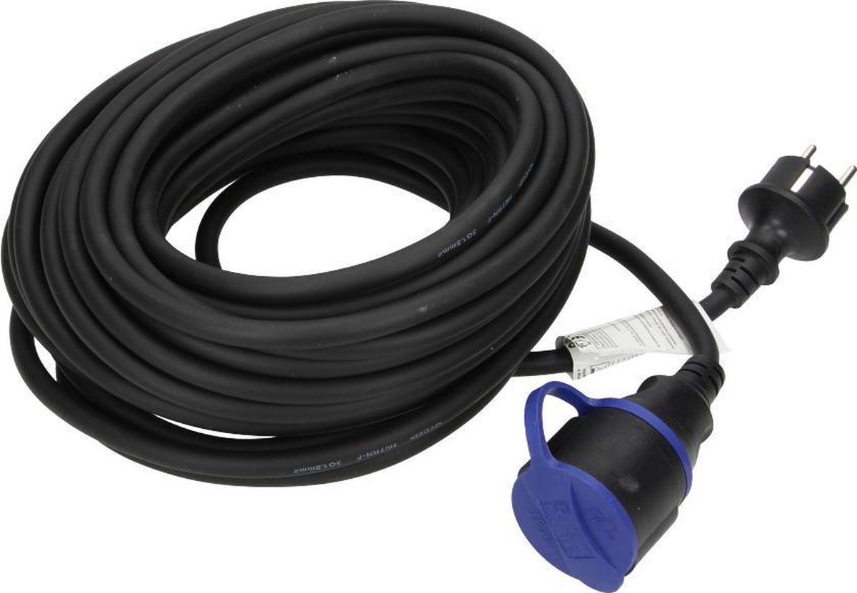 Rubber Verlengsnoer 30 Meter - Verlengkabel - voor buitengebruik en camping - Ook aan te sluiten op Noodgenerator - IP44 spatwaterdicht - H07RN-F (3 x 1,5 mm²) - Zwart